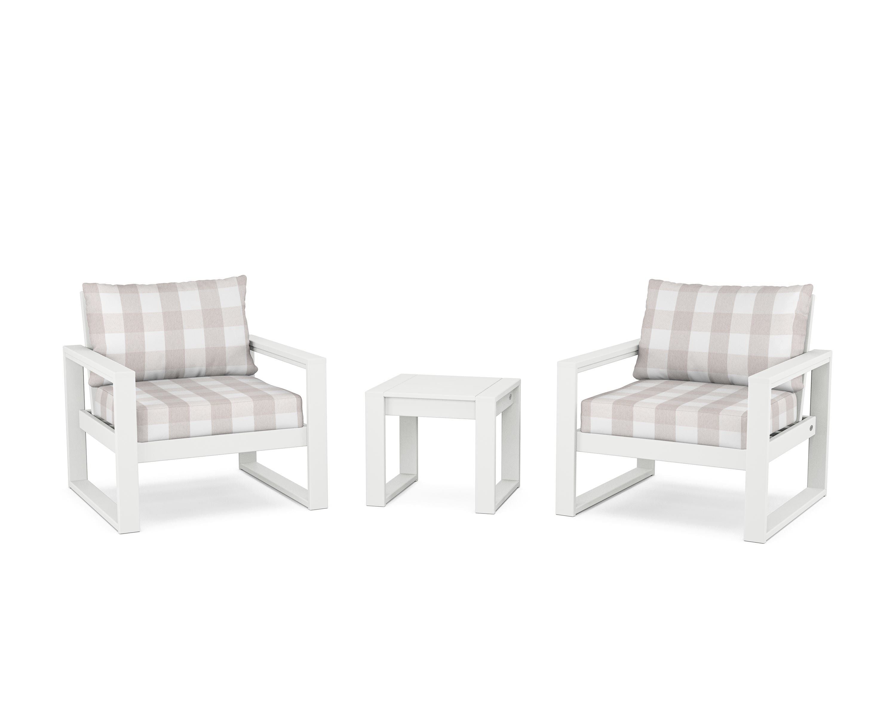 POLYWOOD® EDGE Sectional 3-Piece Deep Seating Set in White / Buffalo Plaid Dune Burlap