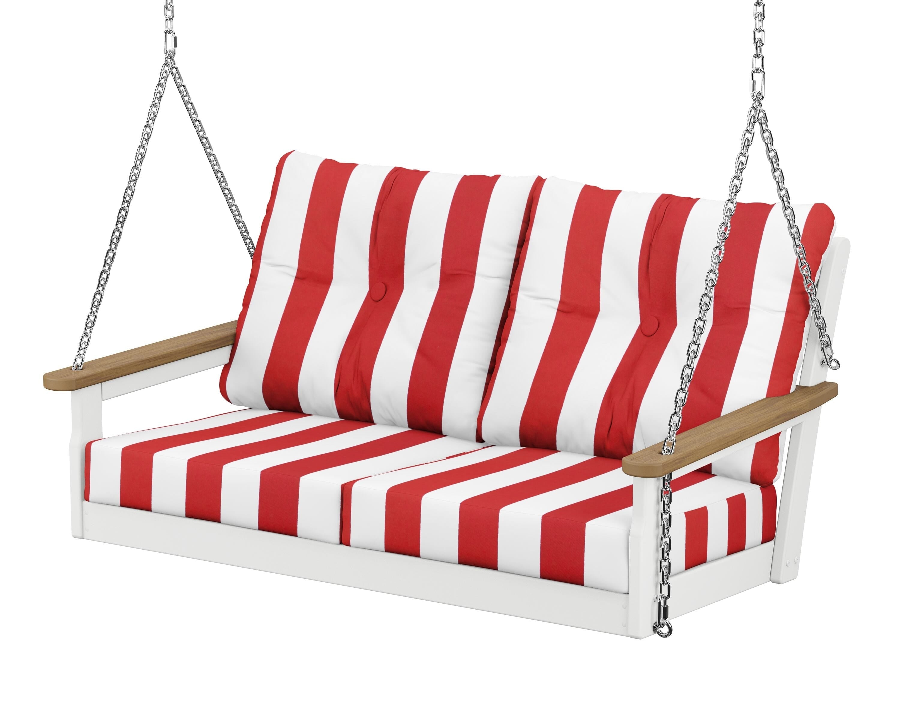 POLYWOOD® Vineyard Deep Seating Swing in White / Natural / Cabana Stripe Crimson