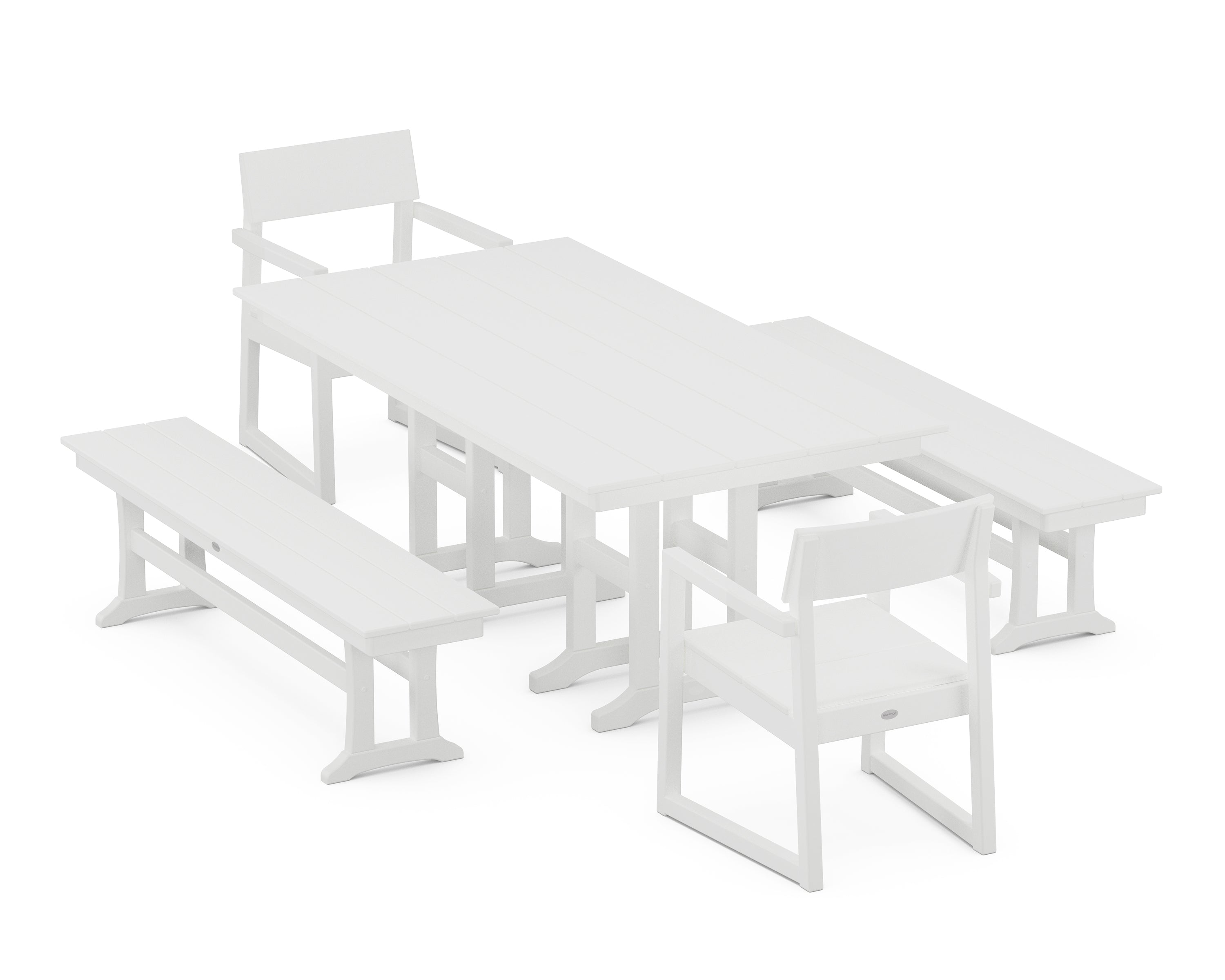 POLYWOOD® EDGE 5-Piece Farmhouse Dining Set with Benches in White