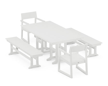 POLYWOOD® EDGE 5-Piece Farmhouse Dining Set with Benches in White