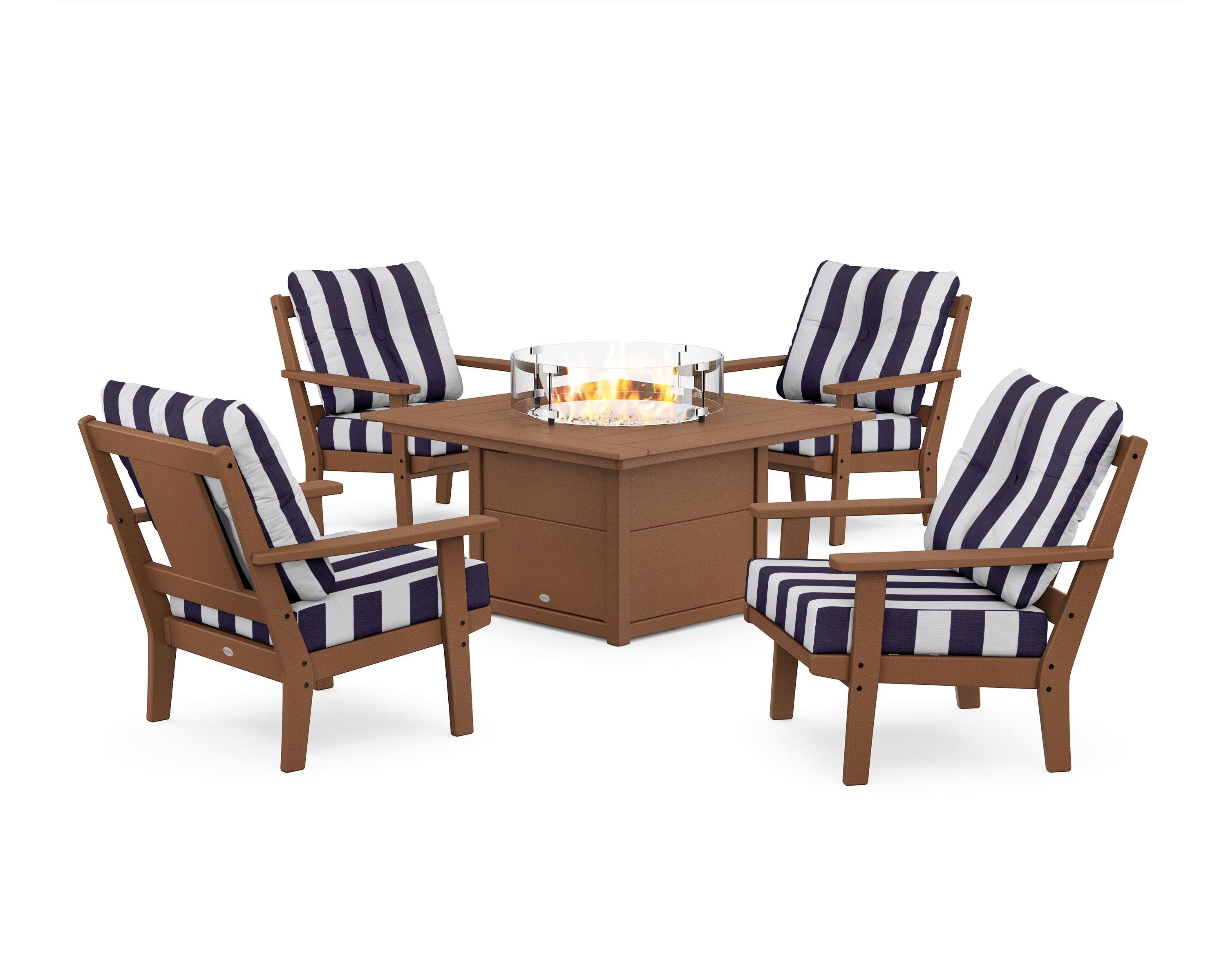 POLYWOOD® Prairie 5-Piece Deep Seating Set with Fire Pit Table in Teak / Cabana Stripe Navy