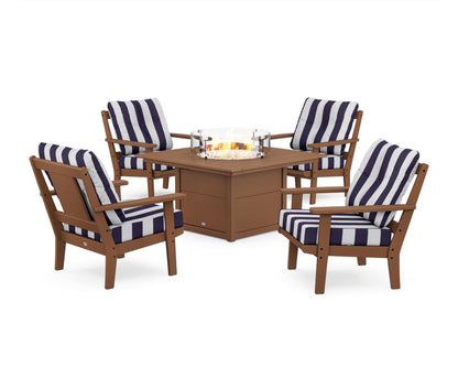 POLYWOOD® Prairie 5-Piece Deep Seating Set with Fire Pit Table in Teak / Cabana Stripe Navy