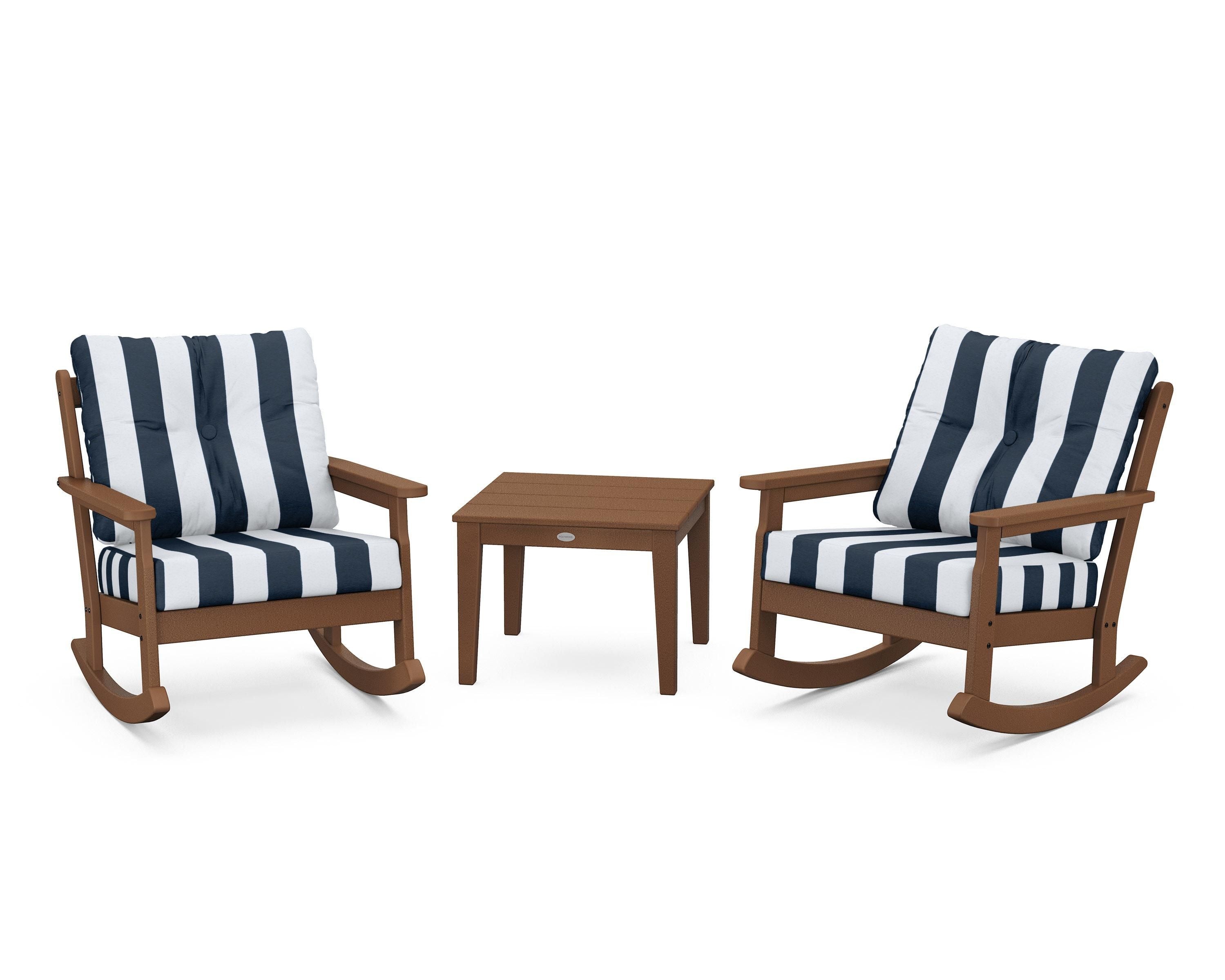 POLYWOOD® Vineyard 3-Piece Deep Seating Rocker Set in Teak / Cabana Stripe Marine Indigo