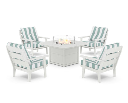 POLYWOOD® Lakeside 5-Piece Deep Seating Set with Nautical Fire Pit Table in White / Cabana Stripe Glacier Spa