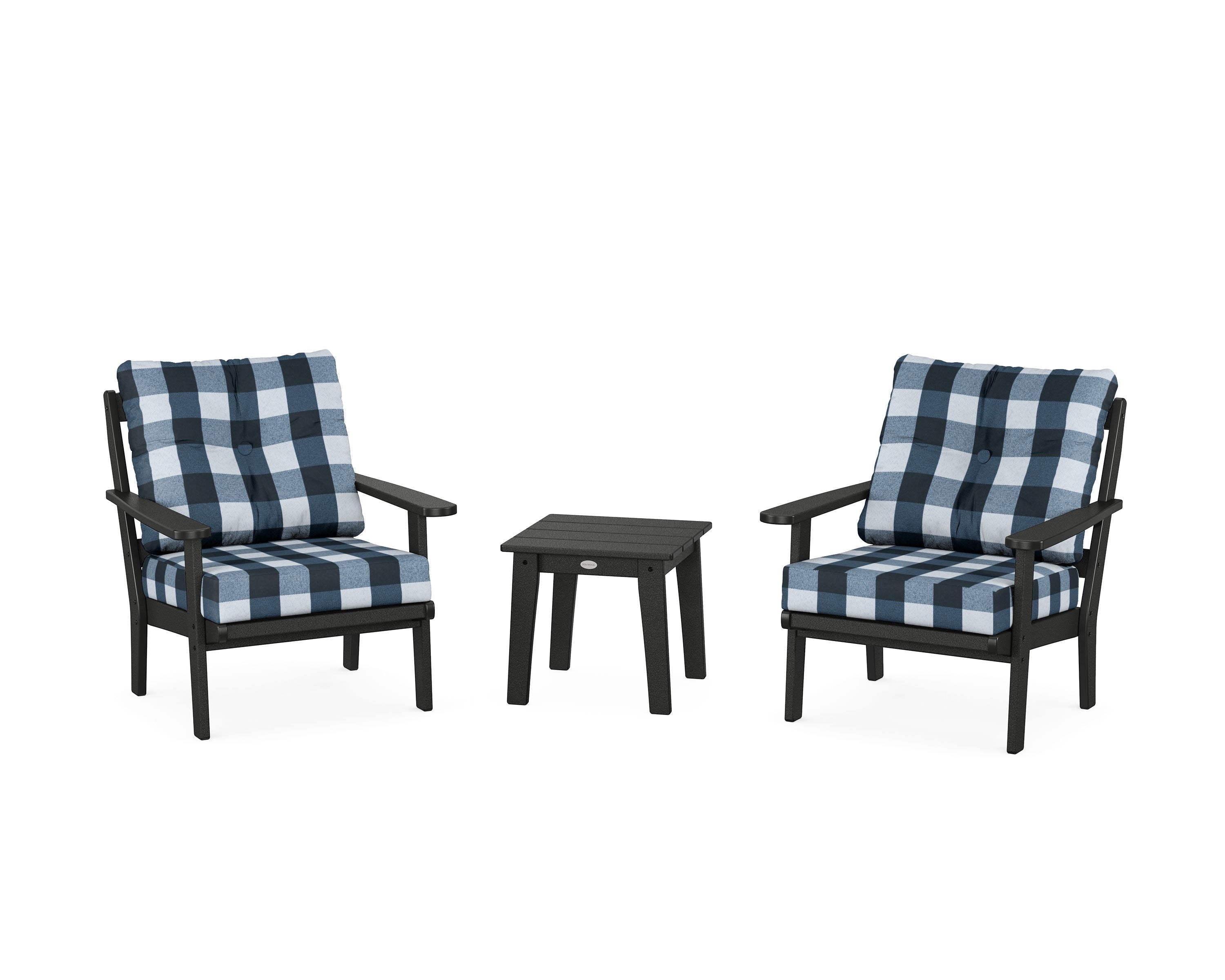 POLYWOOD® Mission 3-Piece Deep Seating Set in Black / Buffalo Plaid Marine Indigo