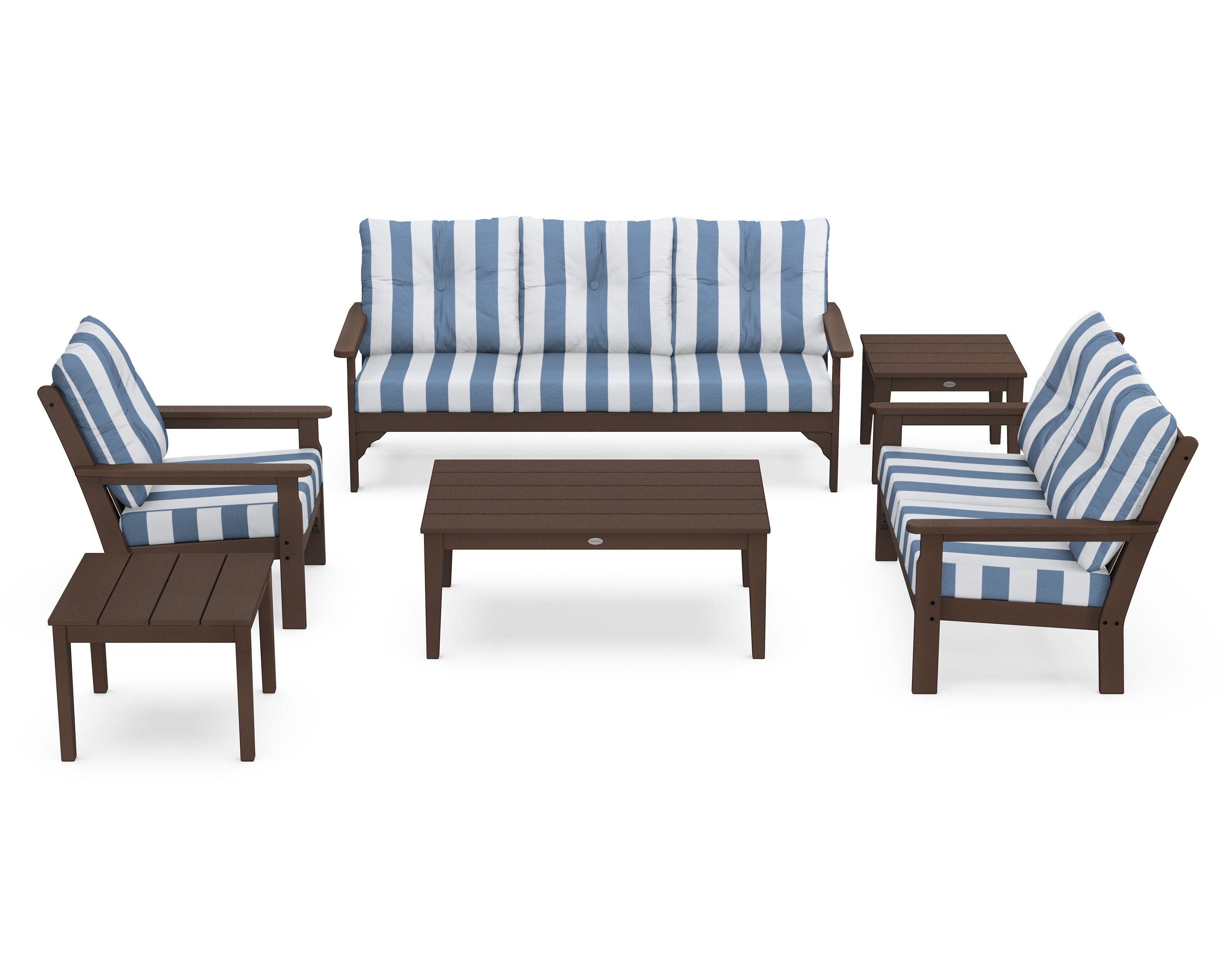 POLYWOOD® Vineyard 6-Piece Deep Seating Set in Mahogany / Cabana Stripe Sky Blue