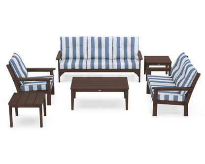 POLYWOOD® Vineyard 6-Piece Deep Seating Set in Mahogany / Cabana Stripe Sky Blue