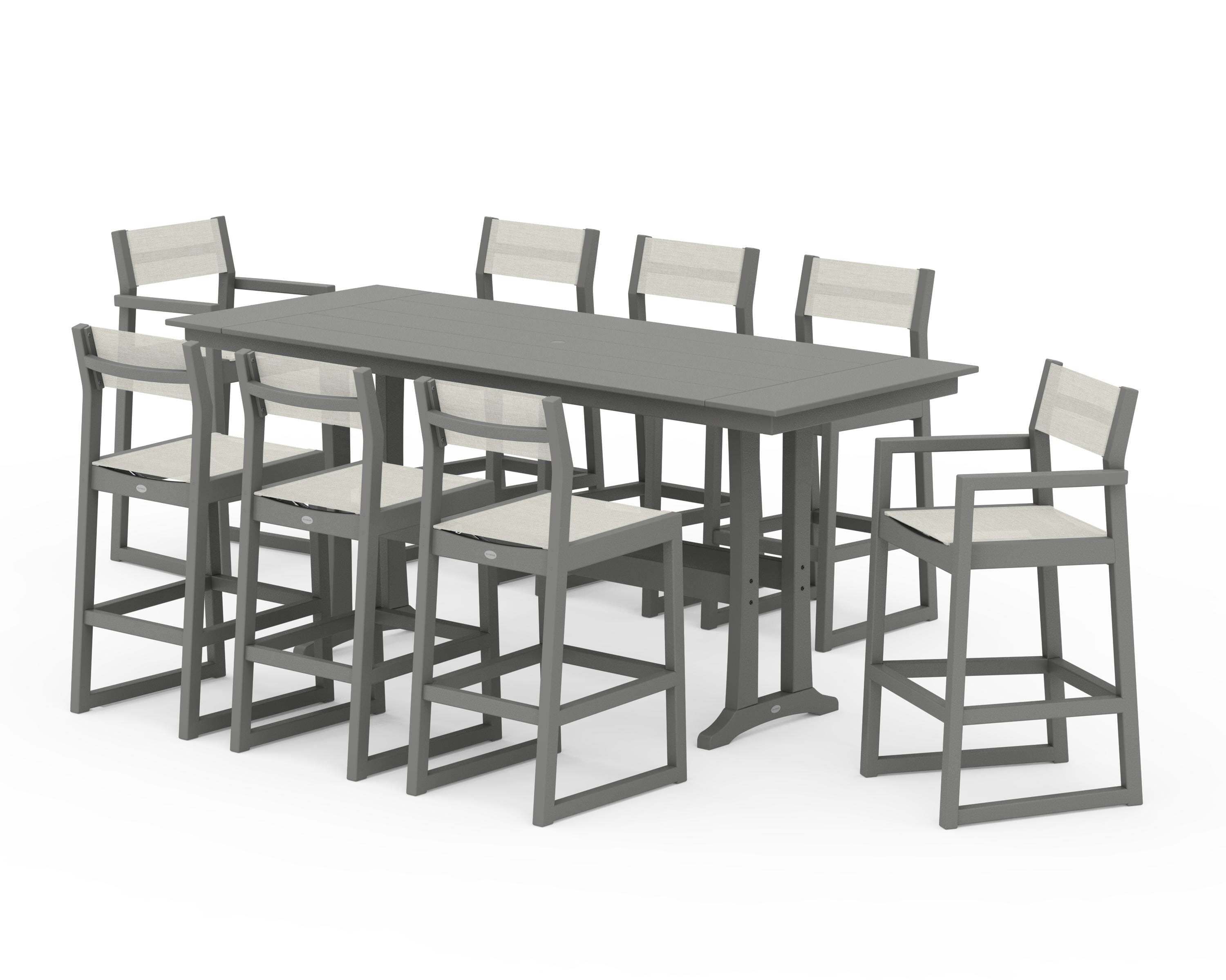 POLYWOOD® EDGE Sling 9-Piece Farmhouse Bar Set with Trestle Legs in Slate Grey / Parchment Sling