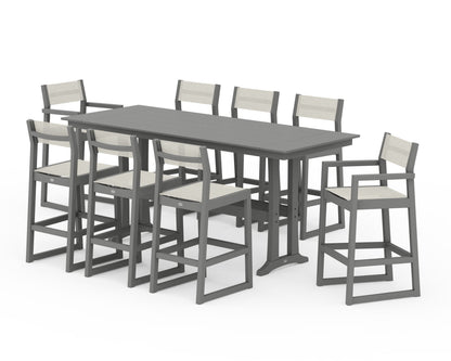POLYWOOD® EDGE Sling 9-Piece Farmhouse Bar Set with Trestle Legs in Slate Grey / Parchment Sling