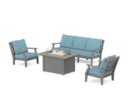 Martha Stewart by POLYWOOD® Chinoiserie Deep Seating Fire Pit Table Set in Slate Grey / Lattice Sky Blue