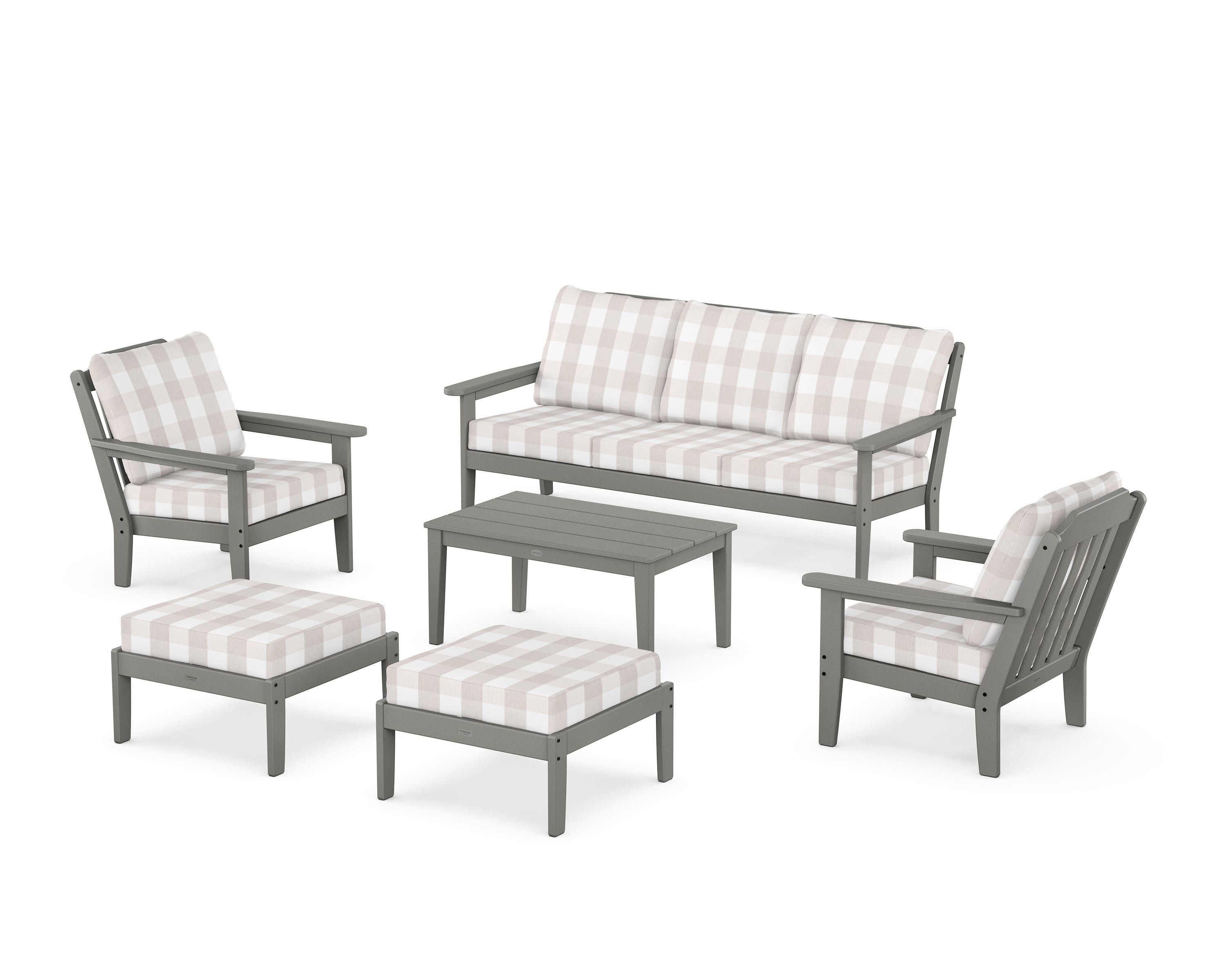 Country Living Cottage 6-Piece Lounge Sofa Set in Slate Grey / Buffalo Plaid Dune Burlap