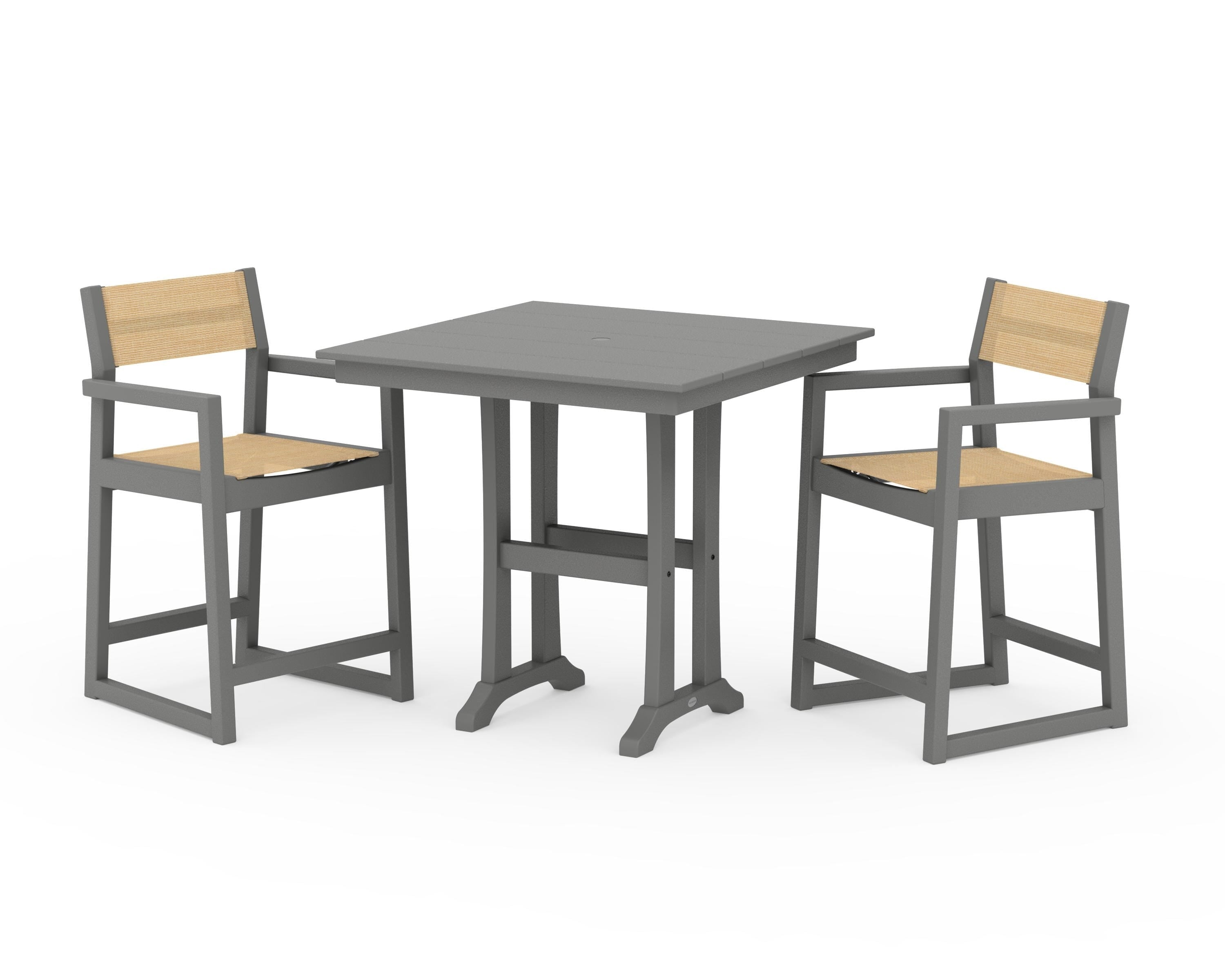 POLYWOOD® EDGE Sling Arm Chair 3-Piece Farmhouse Counter Set with Trestle Legs in Slate Grey / Dupioni Apricot Sling
