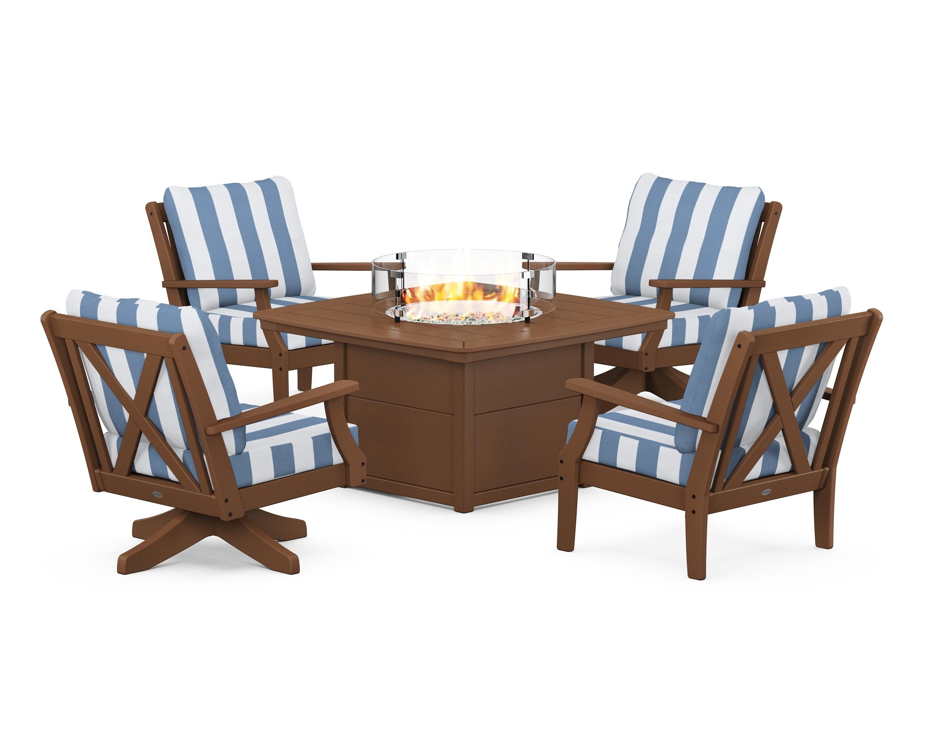 POLYWOOD® Braxton 5-Piece Deep Seating Set with Fire Table in Teak / Cabana Stripe Sky Blue