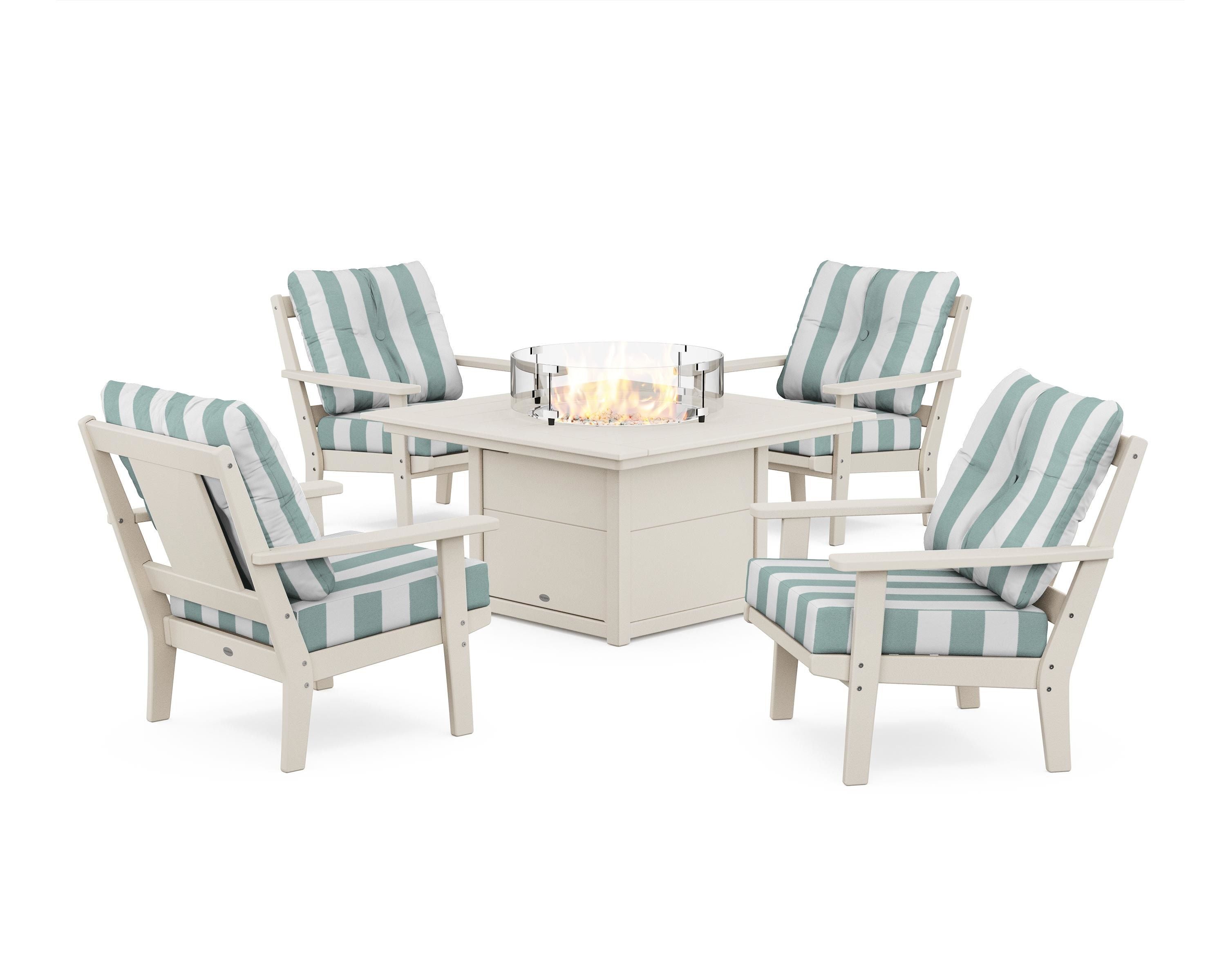 POLYWOOD® Prairie 5-Piece Deep Seating Set with Fire Pit Table in Sand / Cabana Stripe Glacier Spa
