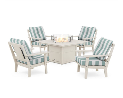 POLYWOOD® Prairie 5-Piece Deep Seating Set with Fire Pit Table in Sand / Cabana Stripe Glacier Spa