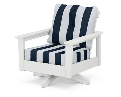 POLYWOOD® Prescott Deep Seating Swivel Chair in White / Cabana Stripe Marine Indigo