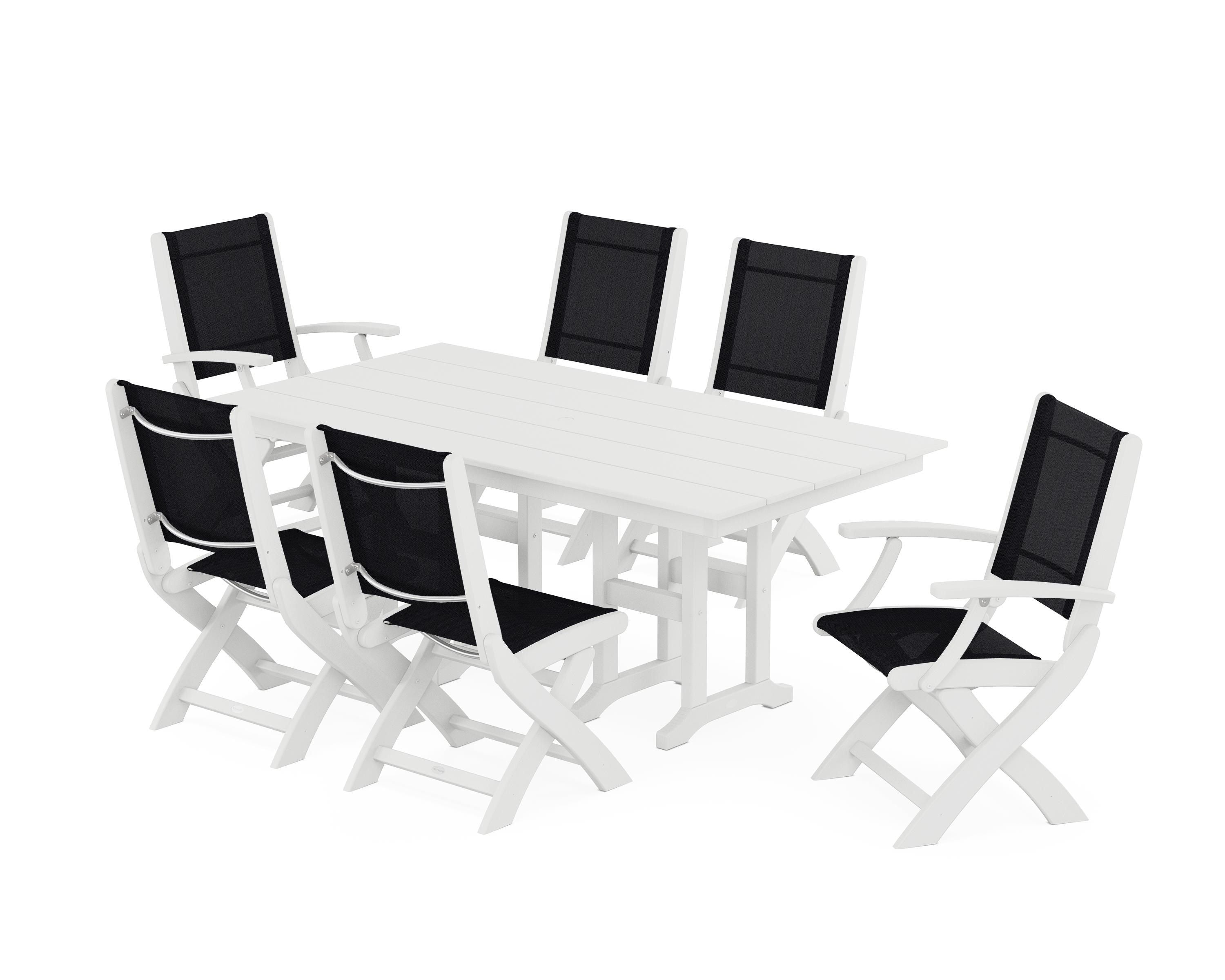 POLYWOOD® Coastal Folding Chair 7-Piece Farmhouse Dining Set in White / Black Sling
