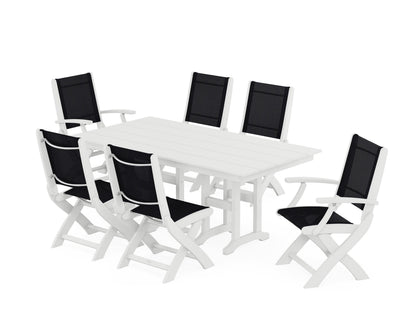 POLYWOOD® Coastal Folding Chair 7-Piece Farmhouse Dining Set in White / Black Sling
