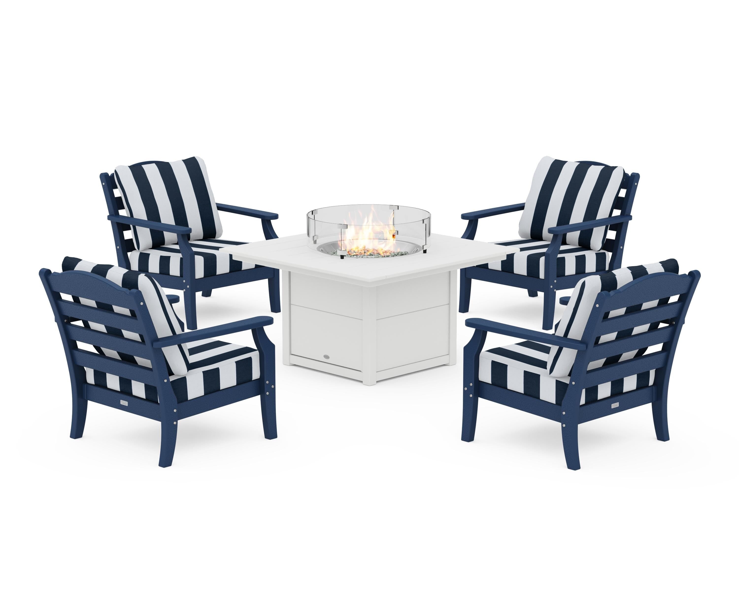Draper James™ by  POLYWOOD® Savannah 5-Piece Deep Seating Set with Fire Pit Table in Navy / Cabana Stripe Marine Indigo