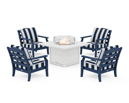 Draper James™ by  POLYWOOD® Savannah 5-Piece Deep Seating Set with Fire Pit Table in Navy / Cabana Stripe Marine Indigo