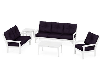 POLYWOOD® Vineyard 5 Piece Deep Seating Set in White / Navy Linen