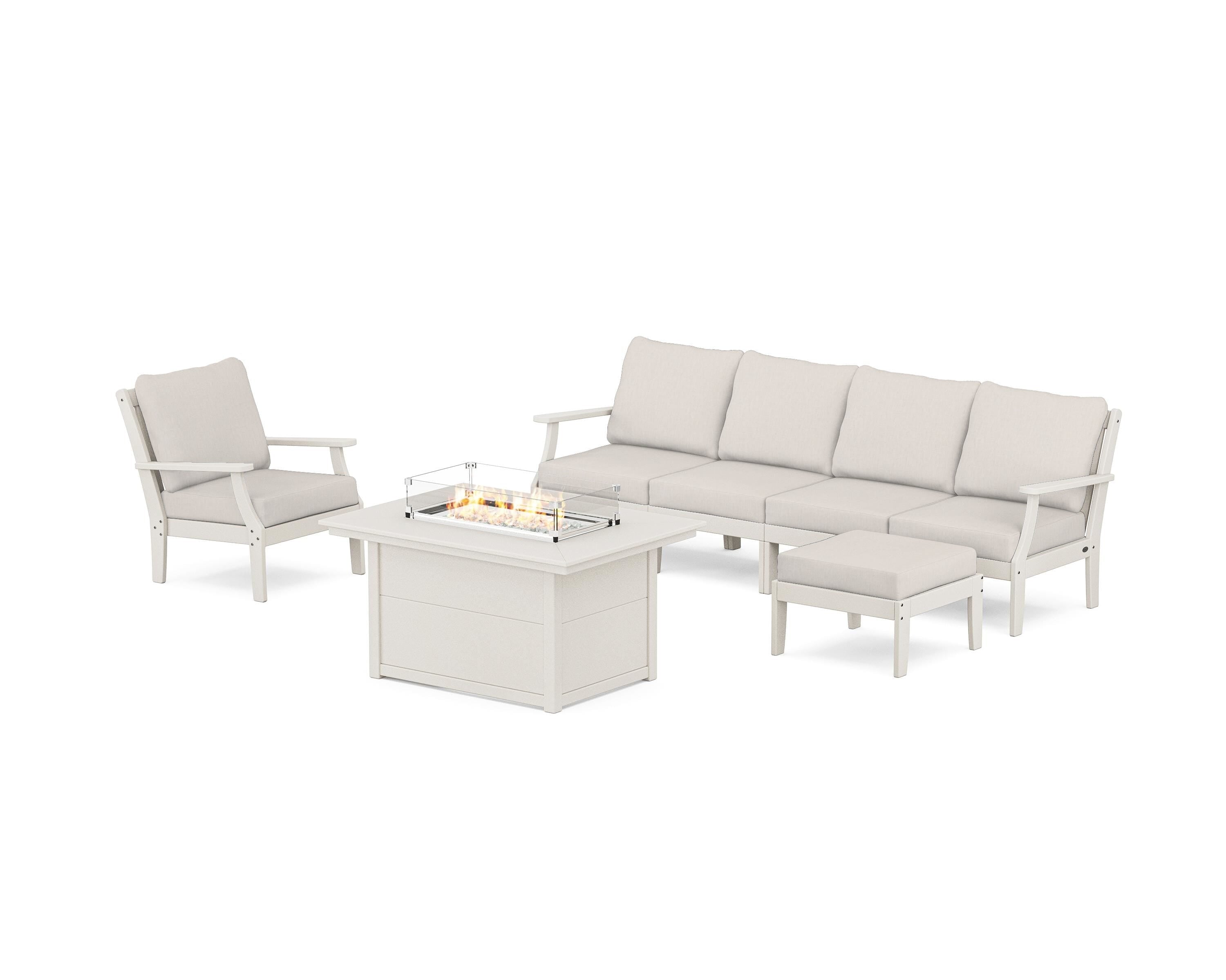 POLYWOOD® Braxton Sectional Lounge and Fire Pit Set in Sand / Cast Ash