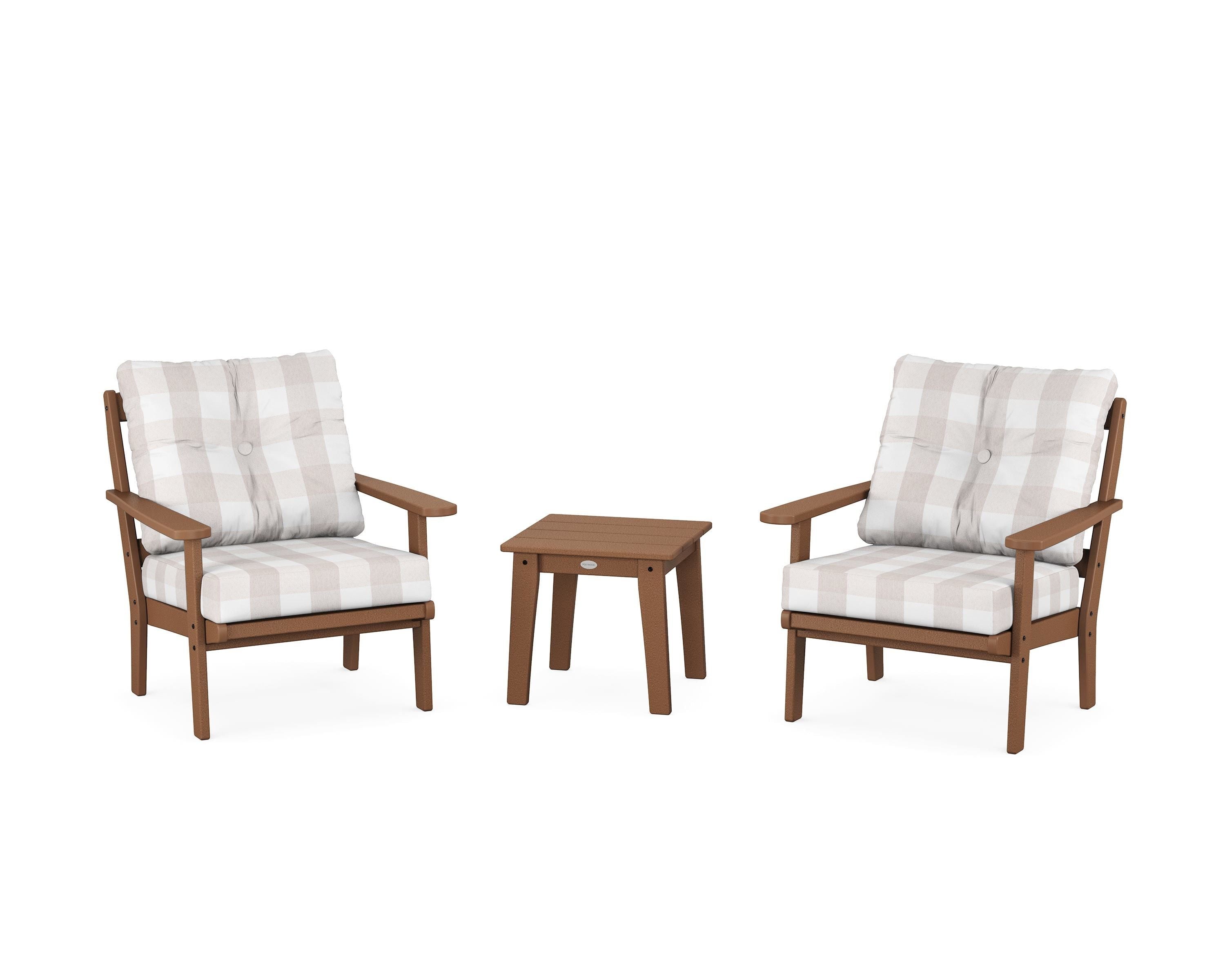 POLYWOOD® Mission 3-Piece Deep Seating Set in Teak / Buffalo Plaid Dune Burlap
