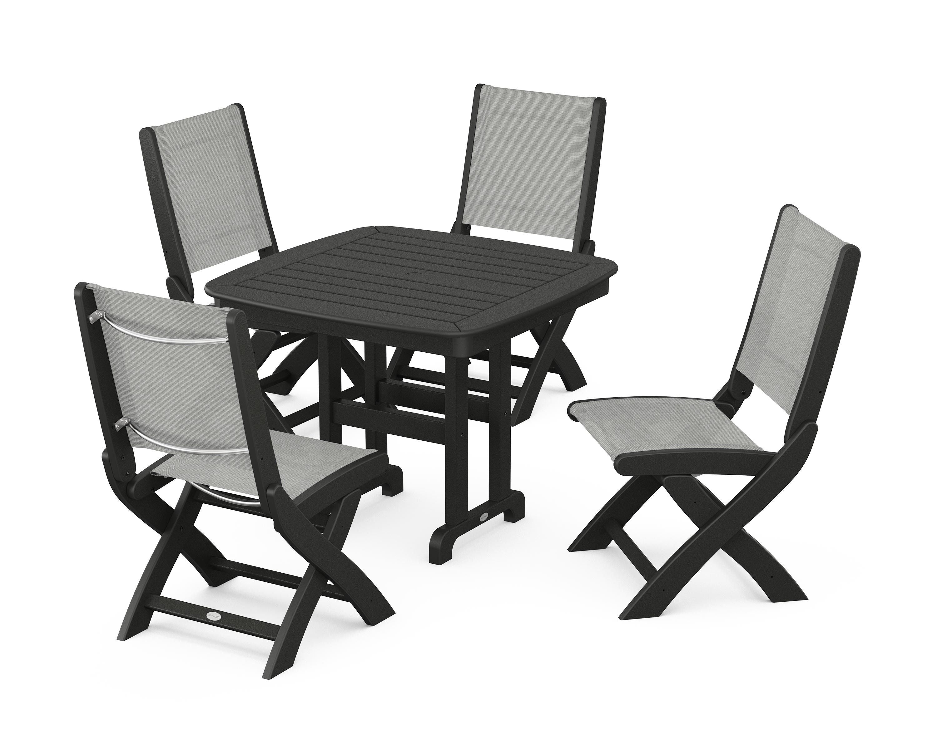 POLYWOOD® Coastal Folding Side Chair 5-Piece Dining Set in Black / Metallic Sling