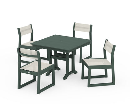 POLYWOOD® EDGE Sling 5-Piece Farmhouse Trestle Side Chair Dining Set in Green / Parchment Sling