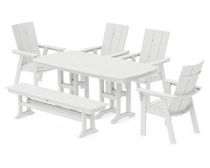 POLYWOOD® Modern Curveback Adirondack 6-Piece Dining Set with Bench in White