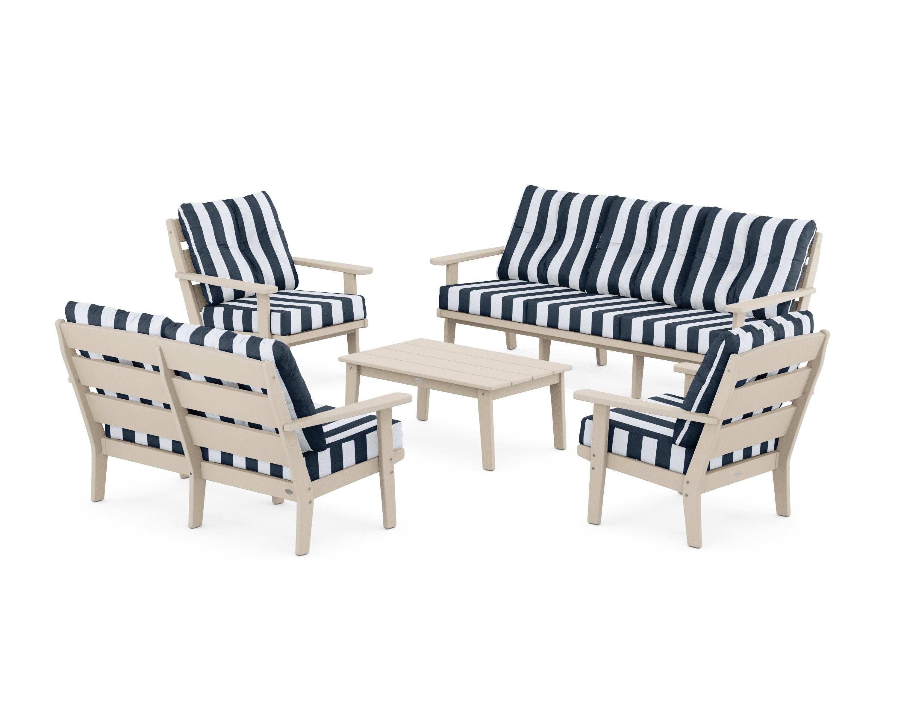 POLYWOOD® Lakeside 5-Piece Lounge Sofa Set in Sand / Cabana Stripe Marine Indigo