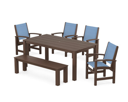 POLYWOOD® Coastal 6-Piece Parsons Dining Set with Bench in Mahogany / Poolside Sling