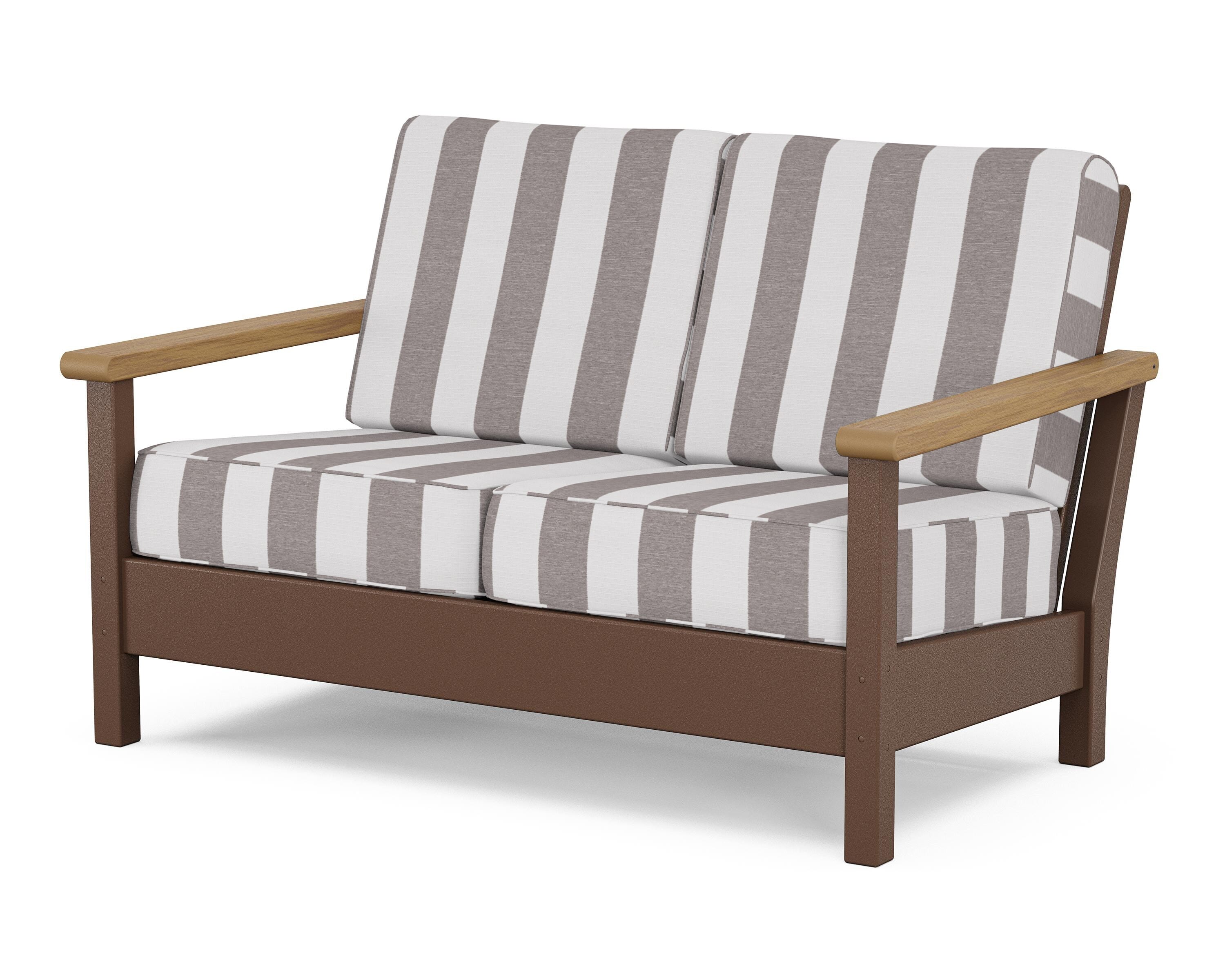 POLYWOOD® Harbour Deep Seating Loveseat in Mahogany / Natural / Cabana Stripe Grey Mist