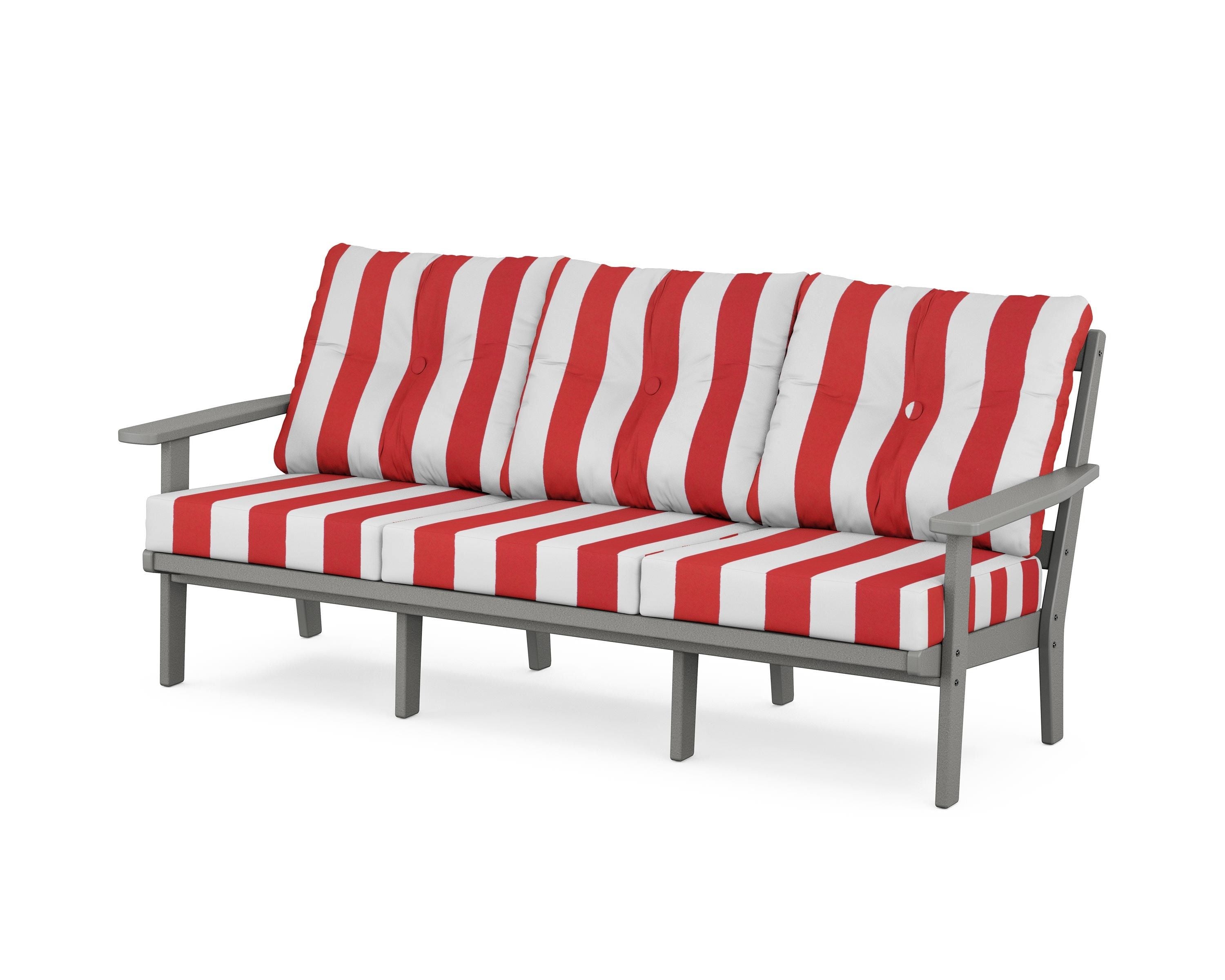 POLYWOOD® Oxford Deep Seating Sofa in Slate Grey / Cabana Stripe Crimson