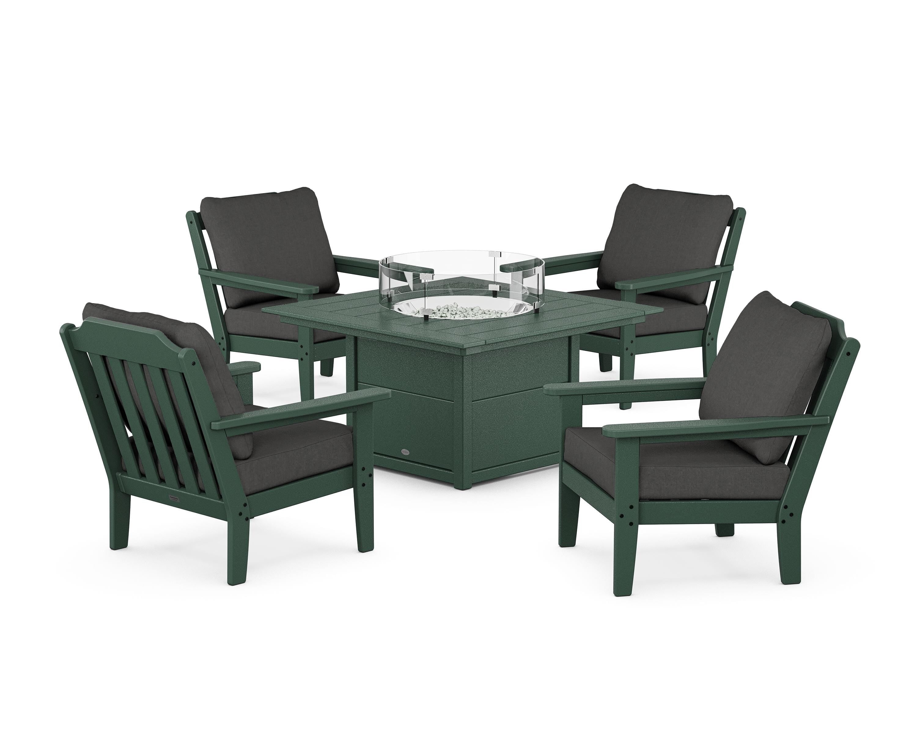 Country Living Cottage 5-Piece Deep Seating Set with Fire Pit Table in Green / Spectrum Carbon