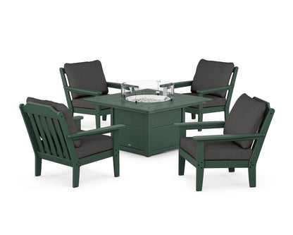 Country Living Cottage 5-Piece Deep Seating Set with Fire Pit Table in Green / Spectrum Carbon