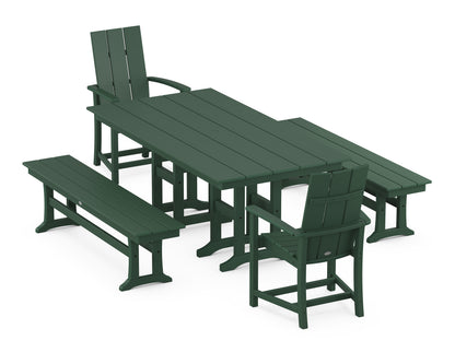 POLYWOOD® Modern Adirondack 5-Piece Farmhouse Dining Set with Benches in Green