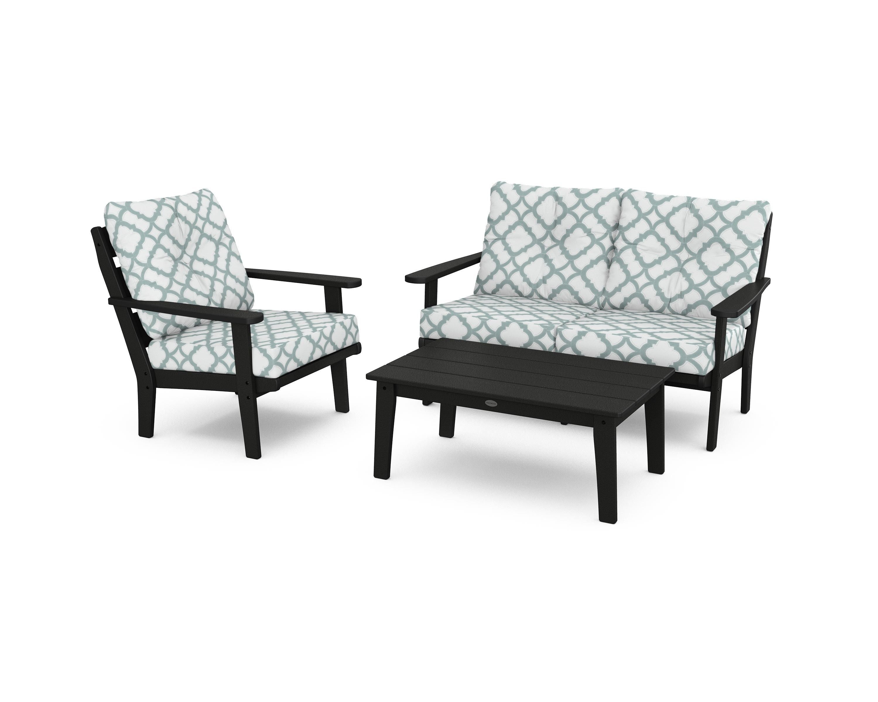 POLYWOOD® Lakeside 3-Piece Deep Seating Set in Black / Trellis Glacier Spa