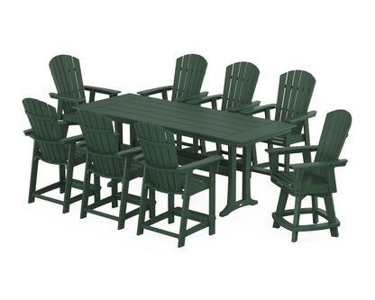POLYWOOD® Nautical Curveback Adirondack Swivel Chair 9-Piece Farmhouse Counter Set with Trestle Legs in Green