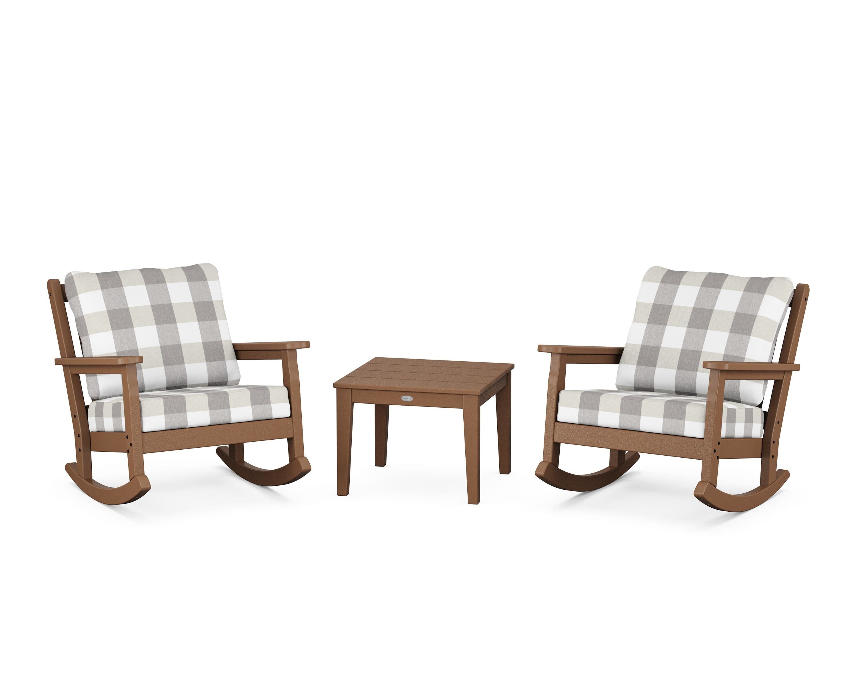 POLYWOOD® Chippendale 3-Piece Deep Seating Rocker Set in Teak / Buffalo Plaid Grey Mist