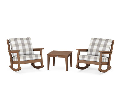 POLYWOOD® Chippendale 3-Piece Deep Seating Rocker Set in Teak / Buffalo Plaid Grey Mist
