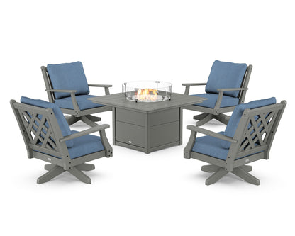 Country Living Wovendale 5-Piece Deep Seating Swivel Conversation Set with Fire Pit Table in Slate Grey / Sky Blue