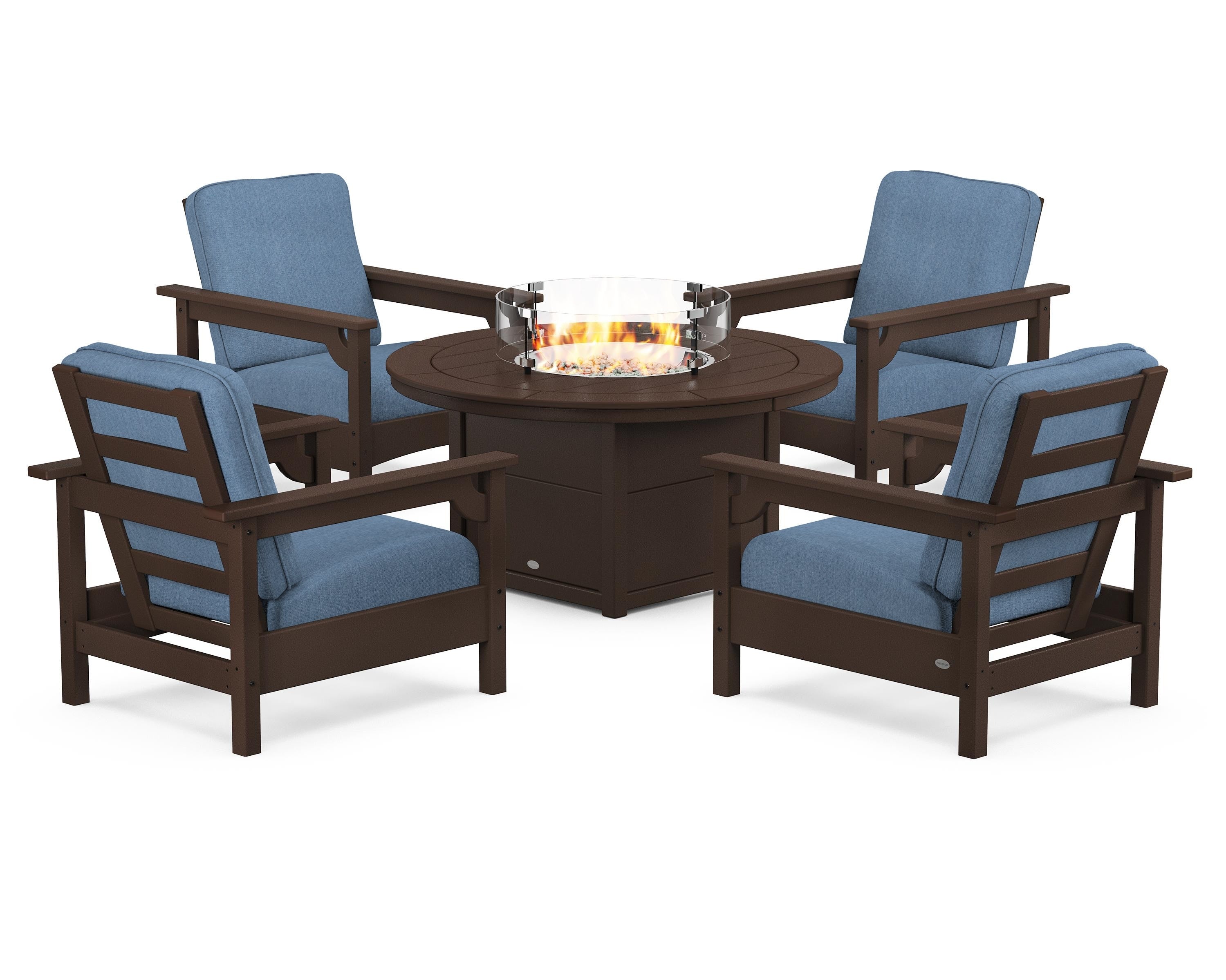 POLYWOOD® Club 5-Piece Conversation Set with Fire Pit Table in Mahogany / Sky Blue