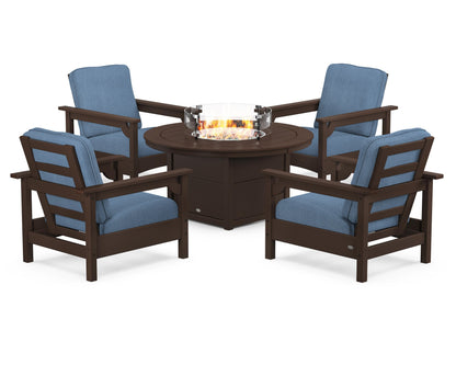 POLYWOOD® Club 5-Piece Conversation Set with Fire Pit Table in Mahogany / Sky Blue