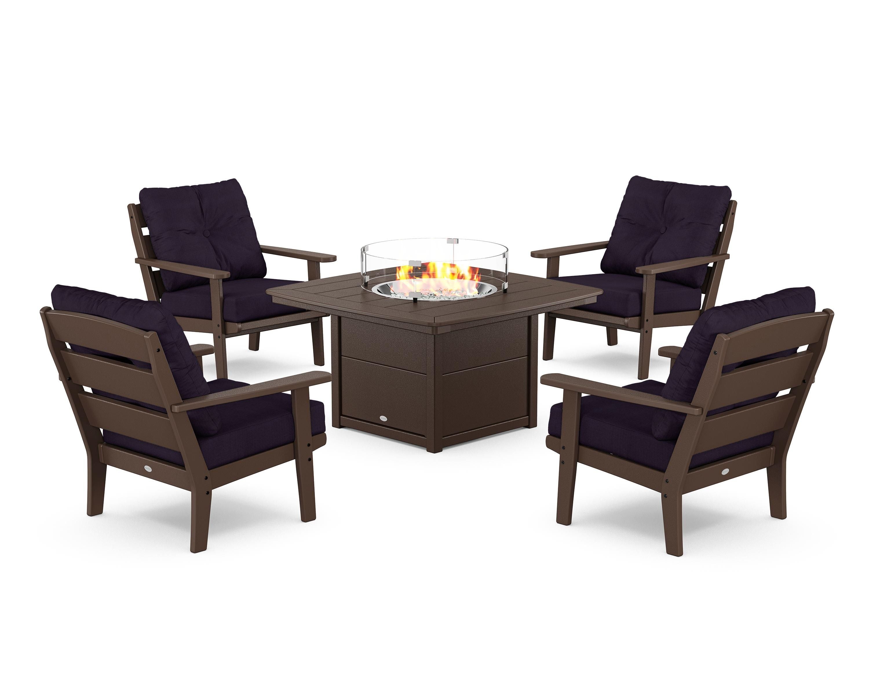 POLYWOOD® Lakeside 5-Piece Deep Seating Set with Nautical Fire Pit Table in Mahogany / Navy Linen