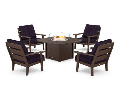 POLYWOOD® Lakeside 5-Piece Deep Seating Set with Nautical Fire Pit Table in Mahogany / Navy Linen