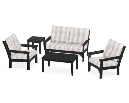 POLYWOOD® Vineyard 5-Piece Deep Seating Set in Black / Buffalo Plaid Dune Burlap