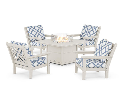 POLYWOOD® Chippendale 5-Piece Deep Seating Set with Fire Pit Table in Sand / Trellis Sky Blue