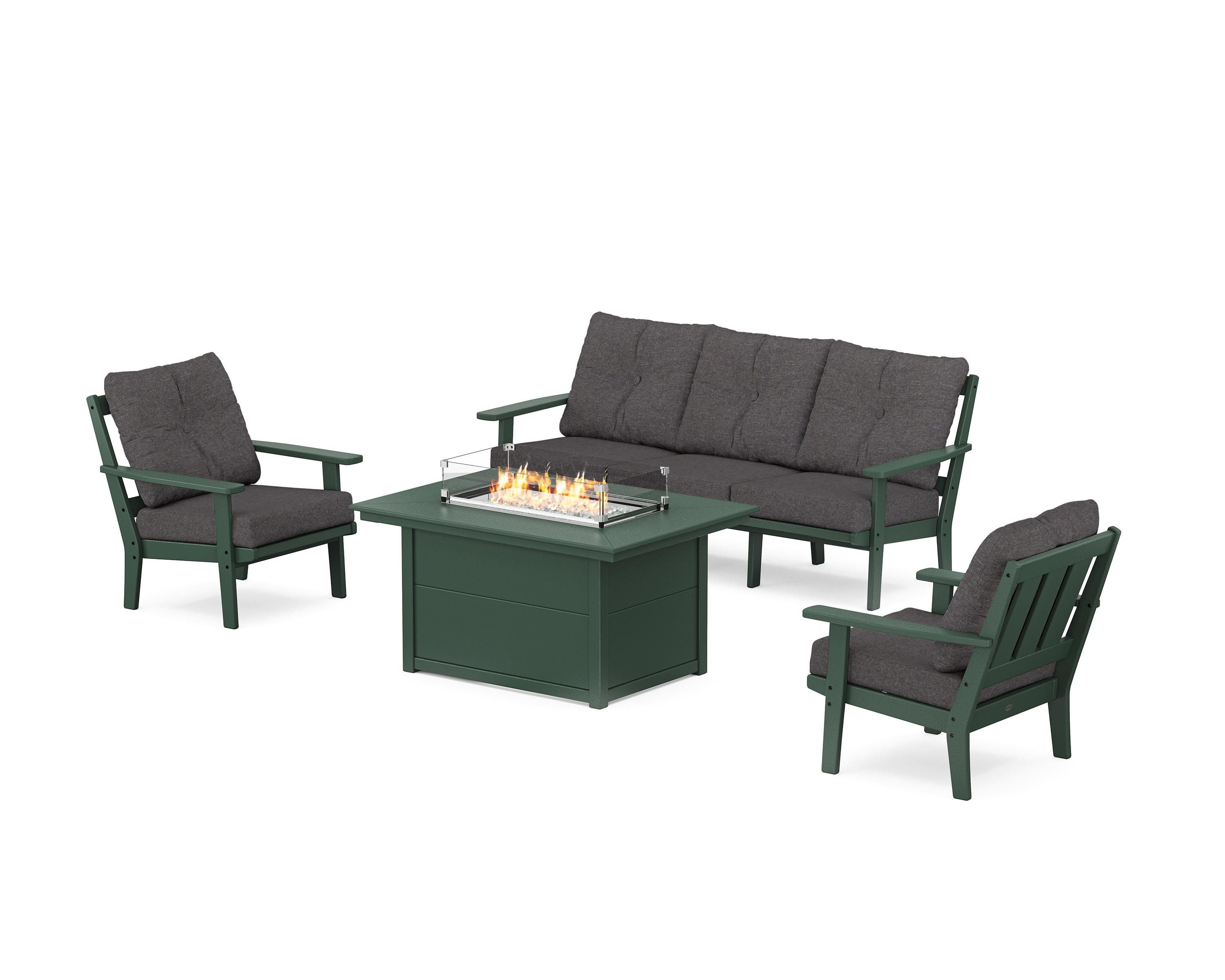 POLYWOOD® Oxford Deep Seating Fire Pit Table Set in Green / Ash Charcoal