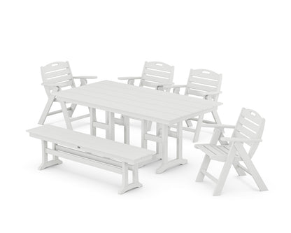 POLYWOOD® Nautical Lowback 6-Piece Farmhouse Dining Set with Bench in White